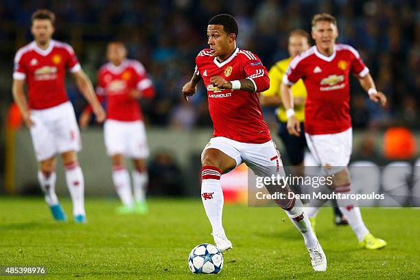 Memphis Depay of Manchester United in action during the UEFA Champions League qualifying round play off 2nd leg match between Club Brugge and...