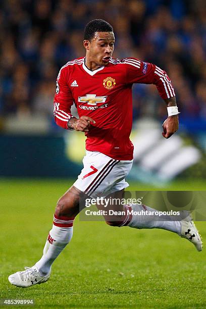 Memphis Depay of Manchester United in action during the UEFA Champions League qualifying round play off 2nd leg match between Club Brugge and...