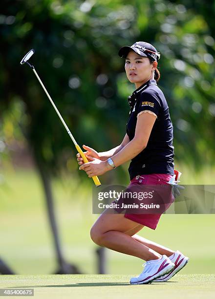 So Yeon Ryu of Korea reacts after missing a putt on the 2nd hole during the second round of the LPGA LOTTE Championship Presented by J Golf on April...