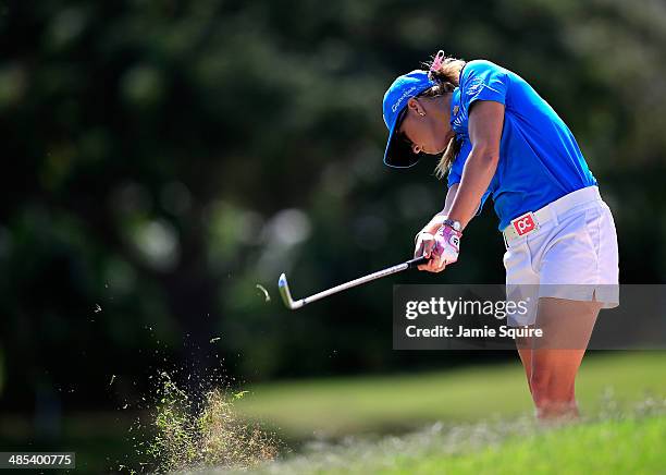 Paula Creamer hits her second shot on the 2nd hole during the second round of the LPGA LOTTE Championship Presented by J Golf on April 17, 2014 in...