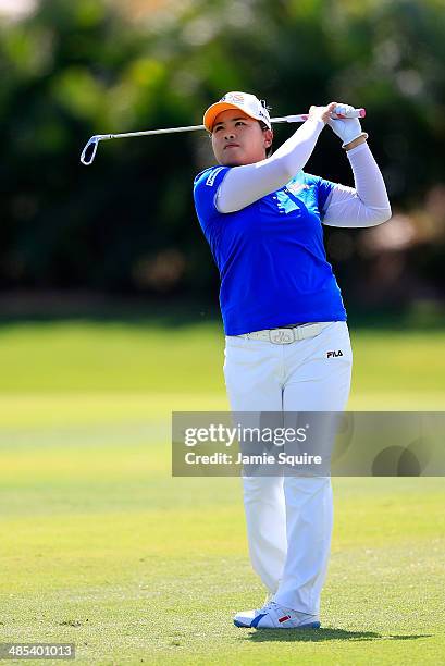 Inbee Park of Korea hits her second shot on the 2nd hole during the second round of the LPGA LOTTE Championship Presented by J Golf on April 17, 2014...