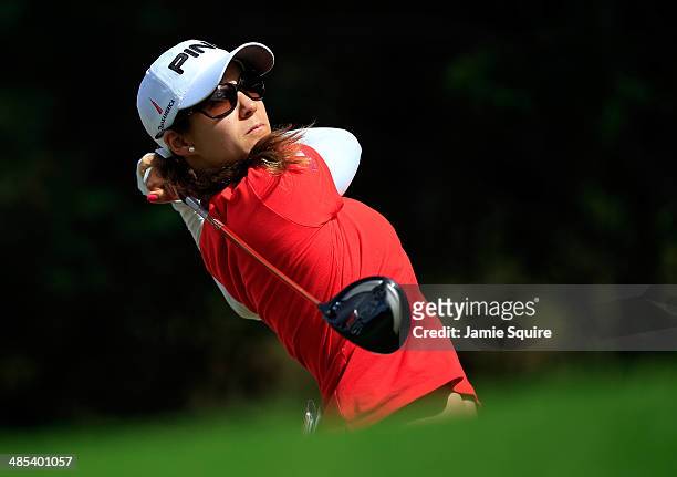 Azahara Munoz of Spain hits her first shot on the 5th hole during the second round of the LPGA LOTTE Championship Presented by J Golf on April 17,...