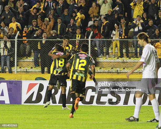 Raul Castro of The Strongest celebrates a scored goal during a match between The Strongest and Defensor Sporting as part of the Copa Bridgestone...
