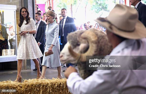 Catherine, Duchess of Cambridge meets a ram called Fred as they visit the Sydney Royal Easter Show on April 18, 2014 in Sydney, Australia. The Duke...