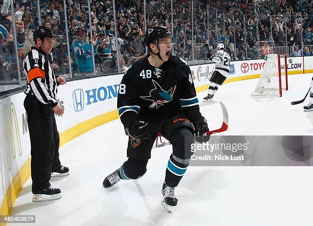 Tomas Hertl of the San Jose Sharks celebrates his first career playoff goal against the Los Angeles Kings in Game One of the First Round of the 2014...