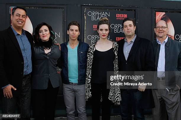 Richard DeCroce, Maria Doyle Kennedy, Jordan Gavaris, Evelyne Brochu, Matthew Stein and Perry Simon attend the "Orphan Black" premiere at Sunshine...