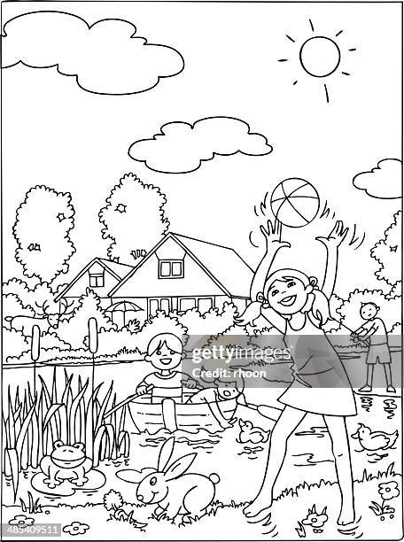 kids vacation coloring book - boy frog stock illustrations