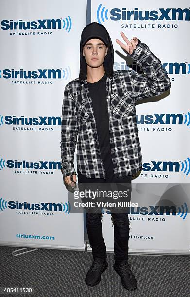 Justin Bieber visits SiriusXM Hits 1's The Morning Mash Up at SiriusXM Studios on August 27, 2015 in Los Angeles, California.