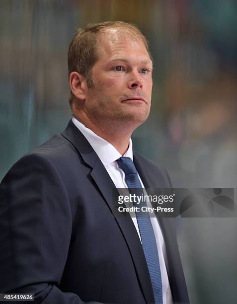 Coach Gregory Ireland of the Adler Mannheim during the game between Adler Mannheim and Neman Grodno on august 27, 2015 in Mannheim, Germany.