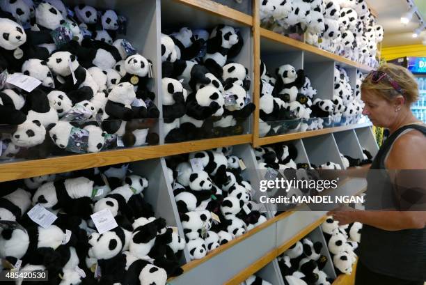 Woman looks at panda merchandise inside a gift shop at the National Zoo on August 27, 2015 in Washington, DC. One of the two giant panda twins born...