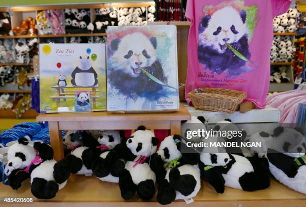 Panda merchandise is seen inside a gift shop at the National Zoo on August 27, 2015 in Washington, DC. One of the two giant panda twins born at...
