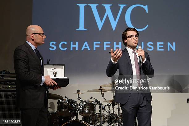 Georges Kern and Jay Dockendorf onstage at the "For the Love of Cinema" dinner hosted by IWC Schaffhausen and Tribeca Film Festival at Urban Zen on...