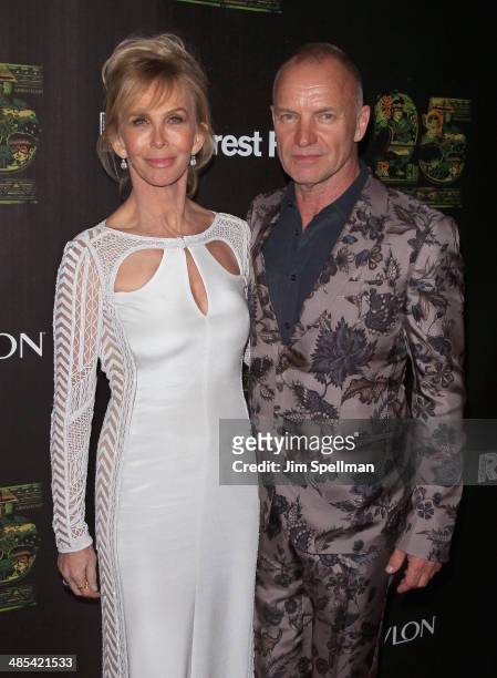 Actress/producer Trudie Styler and singer/songwriter Sting attend the 25th Anniversary Rainforest Fund Benefit at Mandarin Oriental Hotel on April...