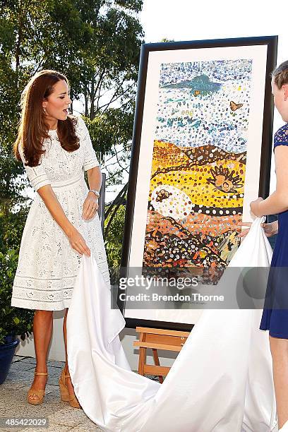 Catherine, Duchess of Cambridge unveils art work received as a gift from patients and their families of Bear Cottage on April 18, 2014 in Sydney,...