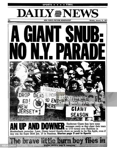 Daily News front page January 12 Headline: A GIANT SNUG: NO N.Y. PARADE. AN UP AND DOWNER... Exuberant Giants fans have some messages ready as they...