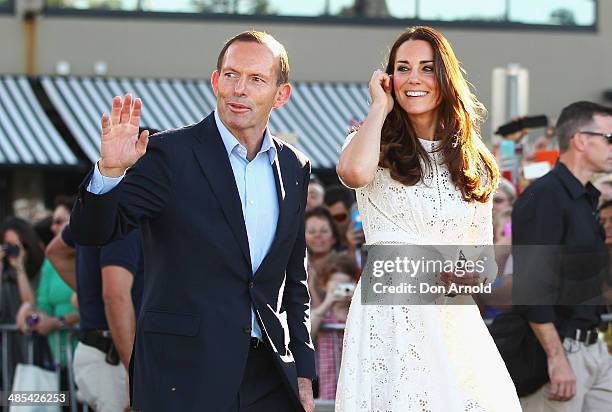 Catherine, Duchess of Cambridge makes her way onto Manly Beach alongside Tony Abbott on April 18, 2014 in Sydney, Australia. The Duke and Duchess of...