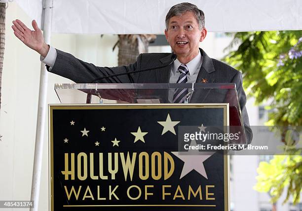 Leron Gubler, Emcee: Hollywood Chamber of Commerce, President/CEO, speaks during music executive Joe Smith's ceremony honoring him with a Star on the...