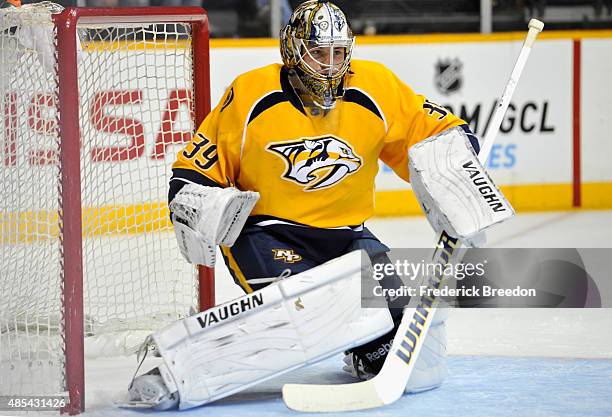 Goaltender Marek Mazanec of the Nashville Predators plays against the Tampa Bay Lightning during the preseason game at Bridgestone Arena on September...