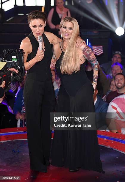 Presenter Emma Willis with Jenna Jameson as she enters the Celebrity Big Brother house at Elstree Studios on August 27, 2015 in Borehamwood, England.