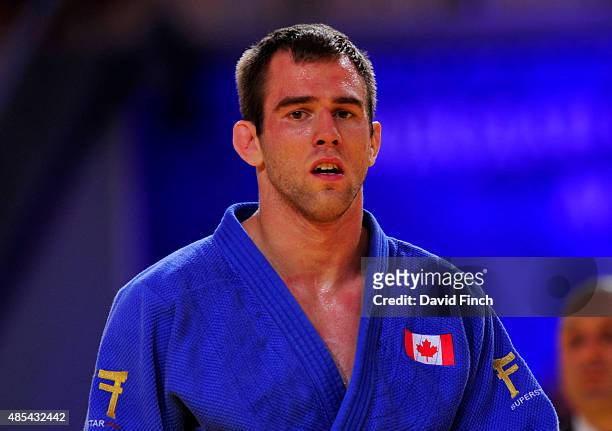 Antoine Valois-Fortier of Canada defeated Seung-Su Lee of South Korea for the u81kg bronze medal during the 2015 Astana World Judo Championships at...