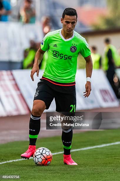 Anwar El Ghazi of Ajax Amsterdam in action during the UEFA Europa League Play Off Round 2nd Leg match between FK Jablonec and Ajax Amsterdam on...