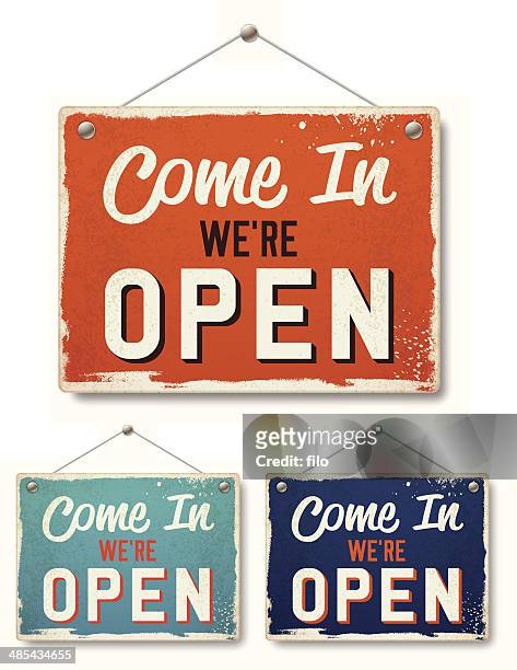 stockillustraties, clipart, cartoons en iconen met retro open business signs - bord open