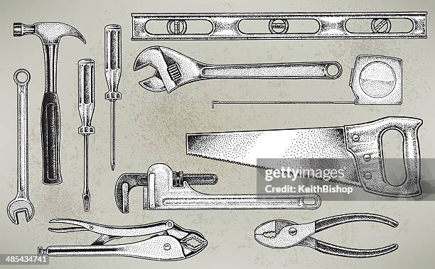 ilustraciones, imágenes clip art, dibujos animados e iconos de stock de herramientas de construcción de equipos - carpintero