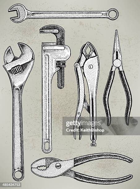 stockillustraties, clipart, cartoons en iconen met tools - repair equipment, wrench, pliers - adjustable wrench