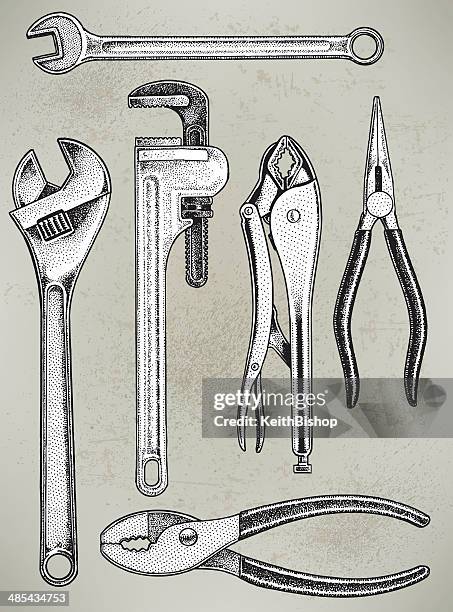 tools - repair equipment, wrench, pliers - adjustable wrench stock illustrations