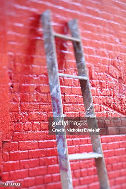 wooden ladder with missing step - ladder leaning stock pictures, royalty-free photos & images