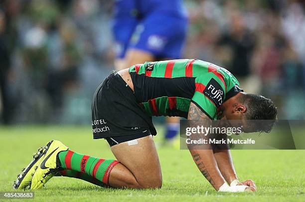 John Sutton of the Rabbitohs looks dejected after defeat in the round seven NRL match between the South Sydney Rabbitohs and the Canterbury-Bankstown...