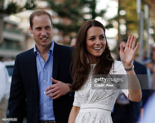 Prince William, Duke of Cambridge and his wife Catherine, Duchess of Cambridge are pictured during a surf lifesaving event on Manly Beach on April...