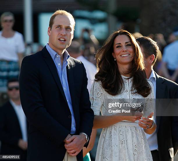 Prince William, Duke of Cambridge and his wife Catherine, Duchess of Cambridge are pictured during a surf lifesaving event on Manly Beach on April...