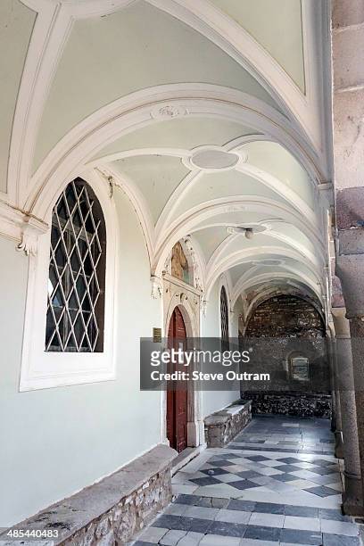cloister, church of panagia glykofilousa petra - mytilene fotografías e imágenes de stock