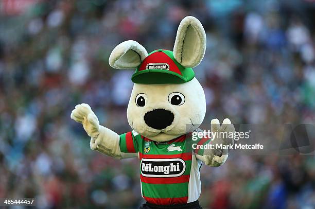 The Rabbitohs mascot waves to the crowd during the round seven NRL match between the South Sydney Rabbitohs and the Canterbury-Bankstown Bulldogs at...