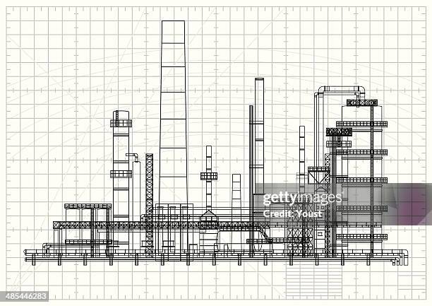 ilustraciones, imágenes clip art, dibujos animados e iconos de stock de bosquejo de refinería de petróleo detallada - milímetro