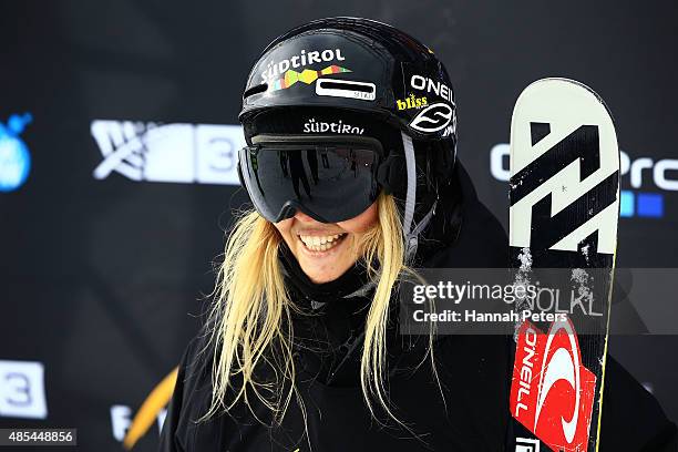 Silvia Bertagna of Italy smiles following the FIS Freestyle Ski World Cup Slopestyle Finals during the Winter Games NZ at Cardrona Alpine Resort on...