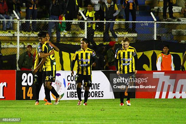Players of The Strongest celebrate a scored goal during a match between The Strongest and Defensor Sporting as part of the Copa Bridgestone...