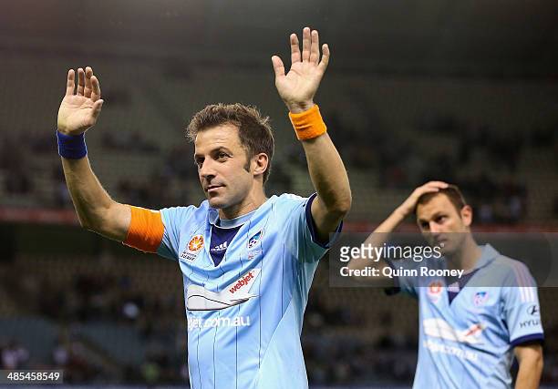 Alessandro Del Piero of Sydney waves good bye to the crowd after losing the A-League Elimination Final match between the Melbourne Victory and Sydney...