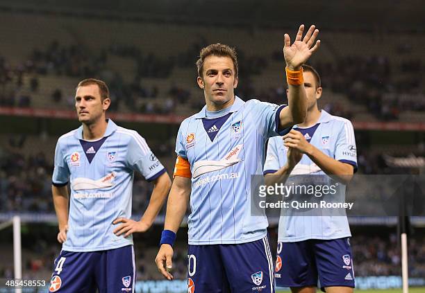 Alessandro Del Piero of Sydney waves good bye to the crowd after losing the A-League Elimination Final match between the Melbourne Victory and Sydney...