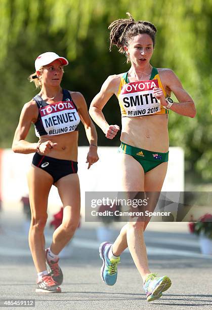 Emilie Menuet of France and Beki Smith of Australia compete in the Women's 20km Race Walk final during day seven of the 15th IAAF World Athletics...