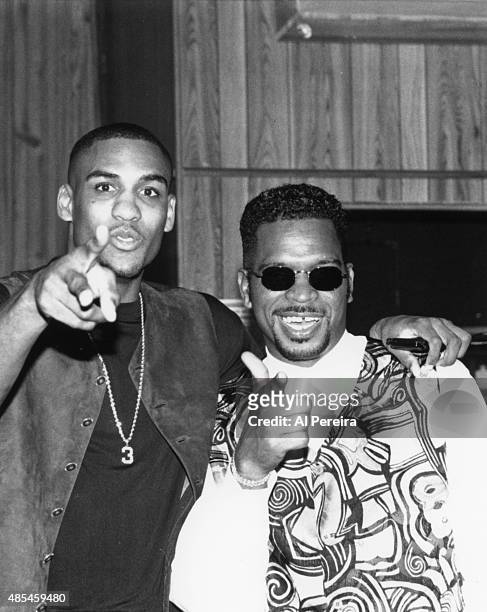 Luke Syywalker aka Luther Campbell and basketball player Steve Smith of the rap group "2 Live Crew" poses attend an event in circa 1990 in New York.