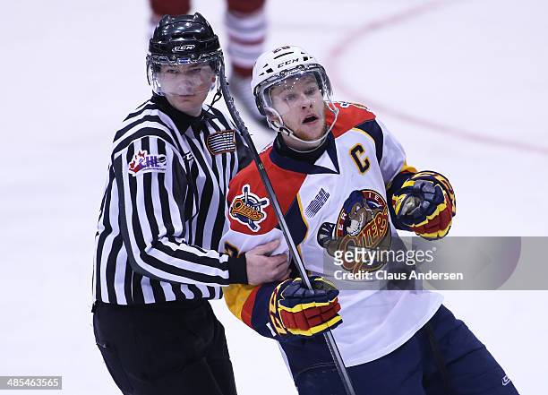 Connor Brown of the Erie Otters celebrates a goal against the Guelph Storm in Game One of the OHL Western Conference Final at the Sleeman Centre on...