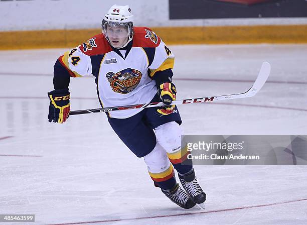 Travis Dermott of the Erie Otters skates against the Guelph Storm in Game One of the OHL Western Conference Final at the Sleeman Centre on April 17,...