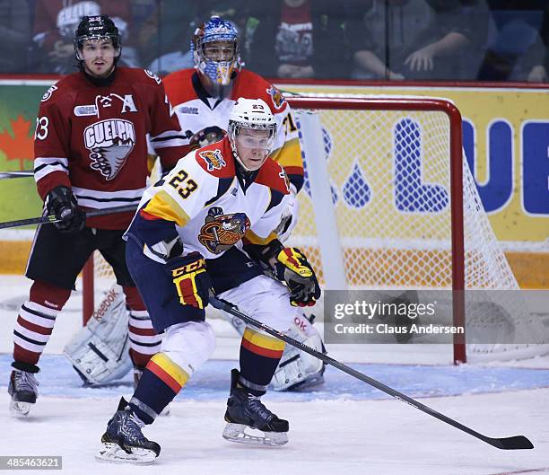 Kurtis MacDermid of the Erie Otters defends against the Guelph Storm in Game One of the OHL Western Conference Final at the Sleeman Centre on April...