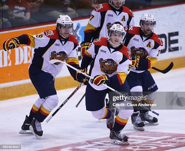 Andre Burakovsky of the Erie Otters celebrates his goal against the Guelph Storm in Game One of the OHL Western Conference Final at the Sleeman...