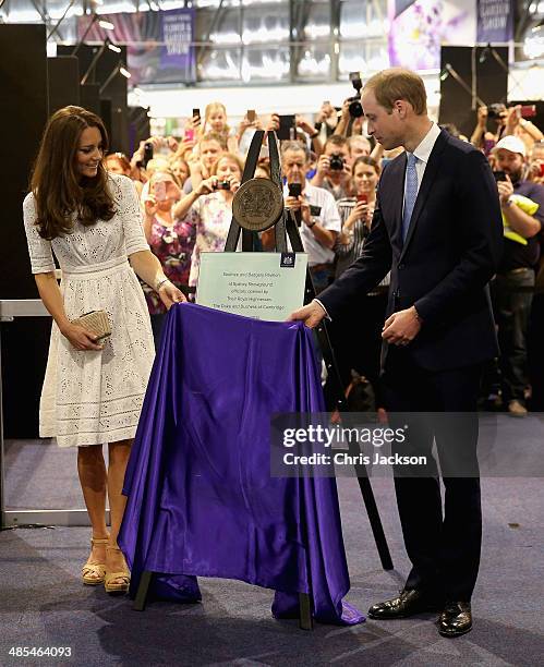 Catherine, Duchess of Cambridge and Prince William, Duke of Cambridge unveil a plaque as they visit the Sydney Royal Easter Show on April 18, 2014 in...