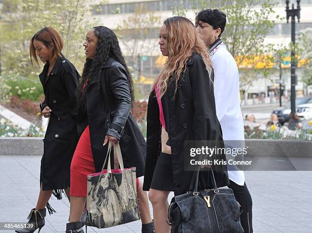 Karrueche and Joyce Hawkins arrive to court for Chris Brown's Assault trial on April 18, 2014 in Washington, DC.