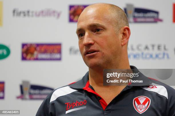 Head coach Nathan Brown of St Helens speaks during a press conference after the Super League match between St Helens and Wigan Warriors at Langtree...