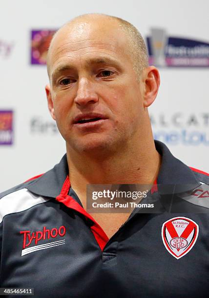 Head coach Nathan Brown of St Helens speaks during a press conference after the Super League match between St Helens and Wigan Warriors at Langtree...